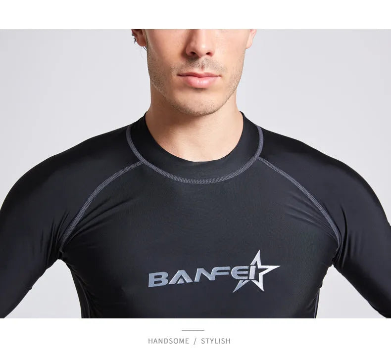 Men's blue quick-drying nylon swim set with half-sleeve top and matching swim pants on a mannequin.