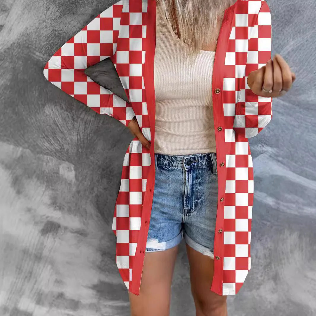 Women's long grey plaid knitted cardigan coat with loose fit and regular sleeves on a model.