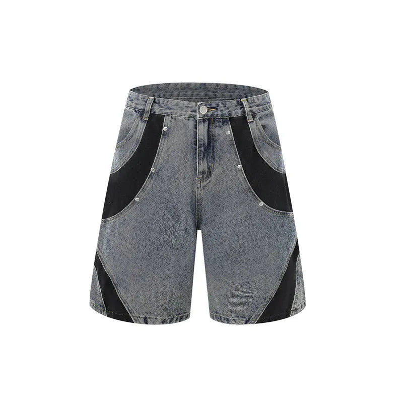 Retro washed denim suit set with short-sleeved jacket and trousers in street style