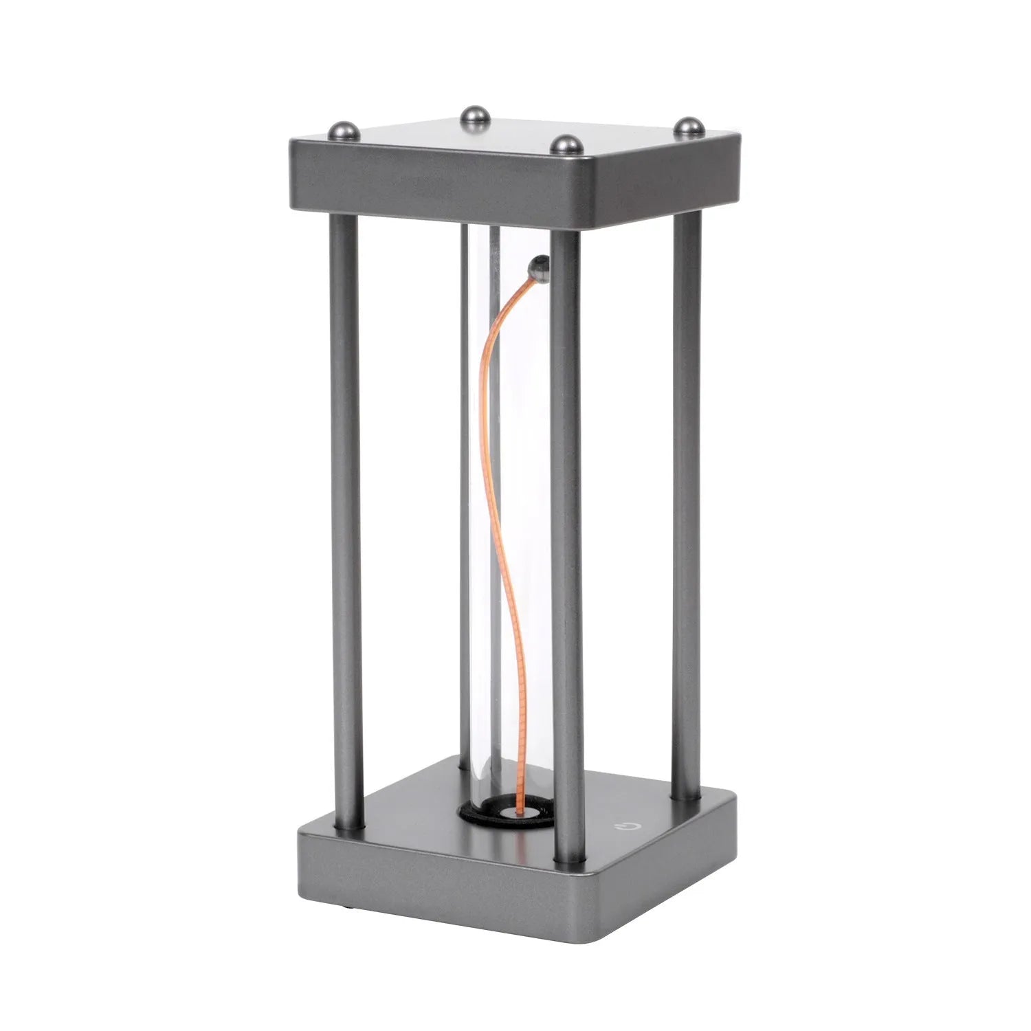 Metallic gray USB rechargeable night light with curved wire, 68x68x159mm