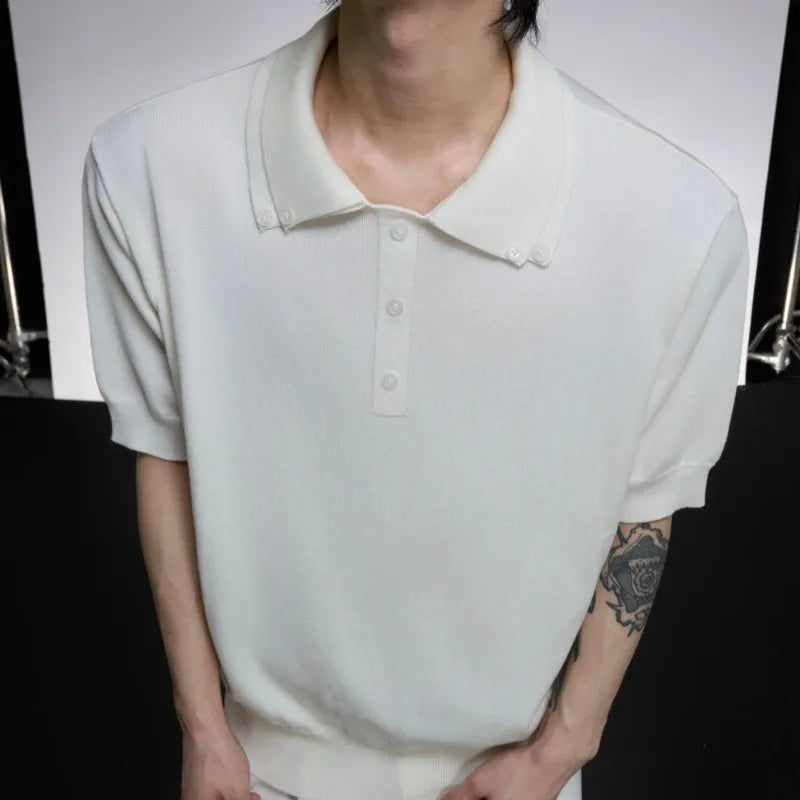 Men's black slim fit short sleeve knit shirt with a double lapel collar design