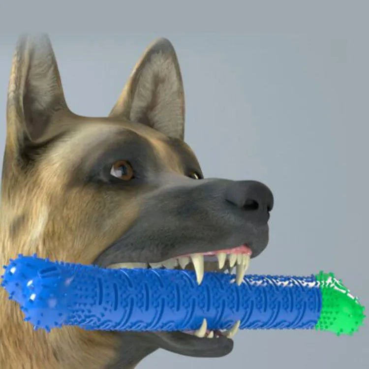 Blue green silicone dog toothbrush toy with serrated brush head for dental cleaning