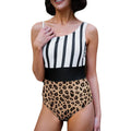 Leopard print women's high waist swimsuit with asymmetric collar, shown front view