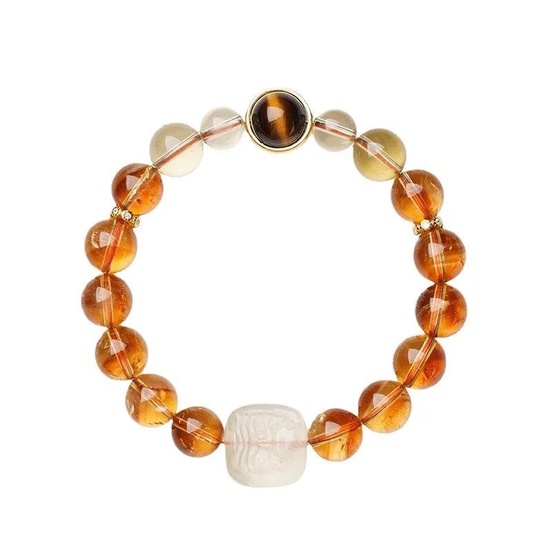 Women's carved citrine bracelet with geometric 10mm crystal beads and ethnic style detailing