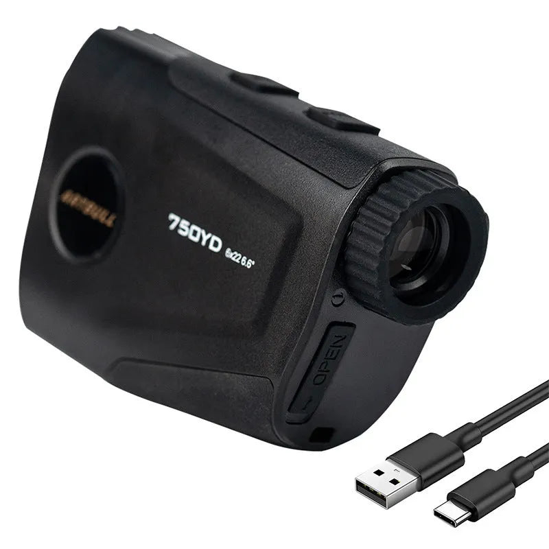 Golf laser rangefinder with LCD display showing distance measurement and slope adjustment function
