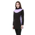 Conservative women's hooded swimsuit with long sleeves and separate top and bottom in black with colour trim