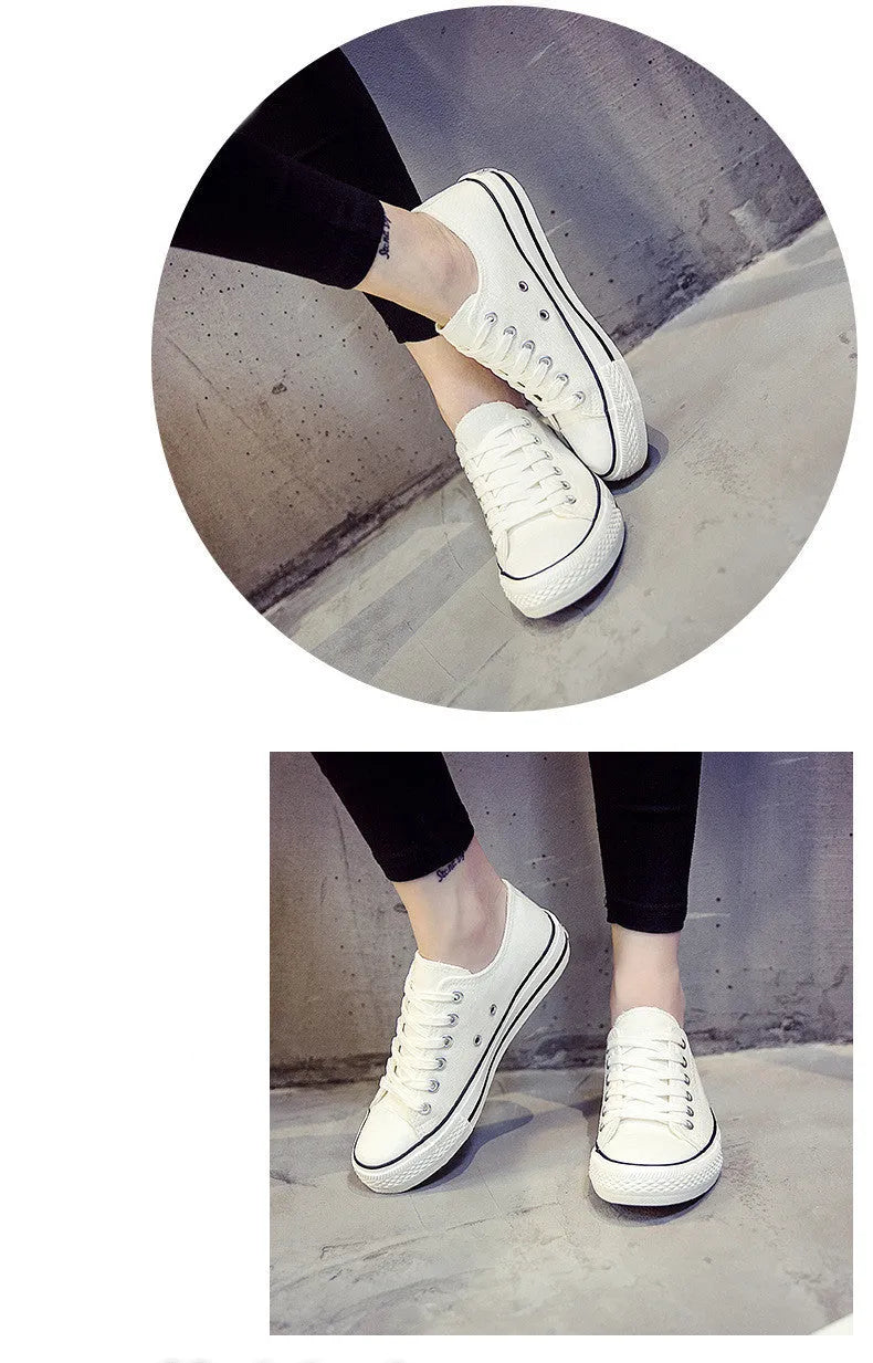 Women's casual canvas shoes in solid colours showing black, white black, white red, and all black options