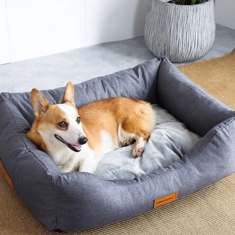 Khaki cloth dog bed with summer sleeping mat in size L