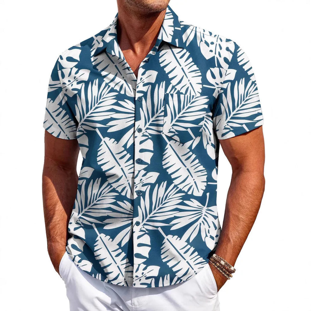 A man's slim-fit short-sleeve Hawaiian shirt in a cardigan style, available in multiple colours.