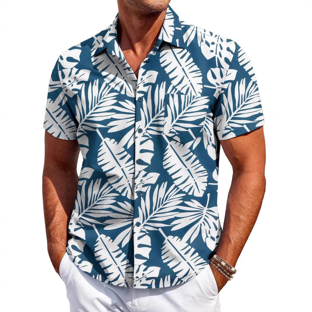 A man's slim-fit short-sleeve Hawaiian shirt in a cardigan style, available in multiple colours.