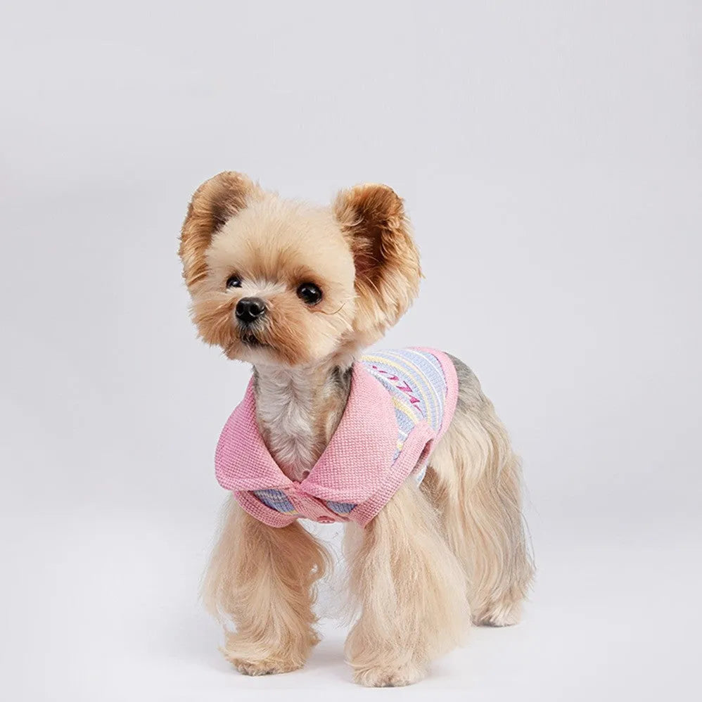 Pink purple pet vest for small dogs and cats showing size range from XXS to XXL