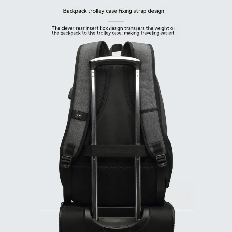Lightweight grey USB charging backpack with trolley sleeve shown next to a smartphone.