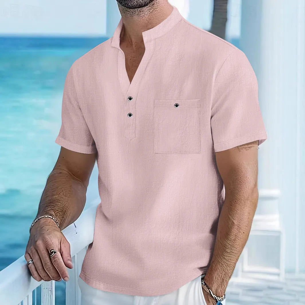 Men's linen blend stand collar t-shirt in loose pullover style available in multiple colours