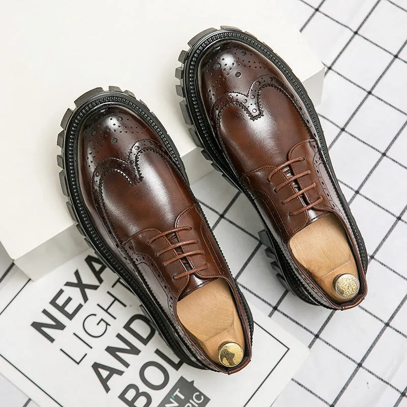 Men's black and brown artificial PU brogue business shoes with round toe on a white background.