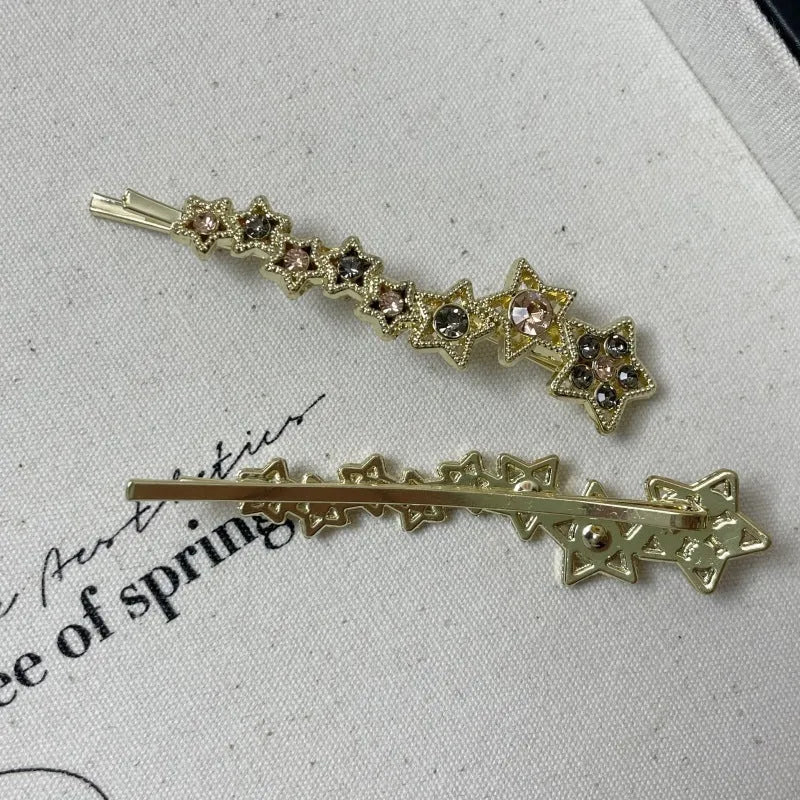 Gold Korean-style rhinestone barrette with broken clip design for bangs