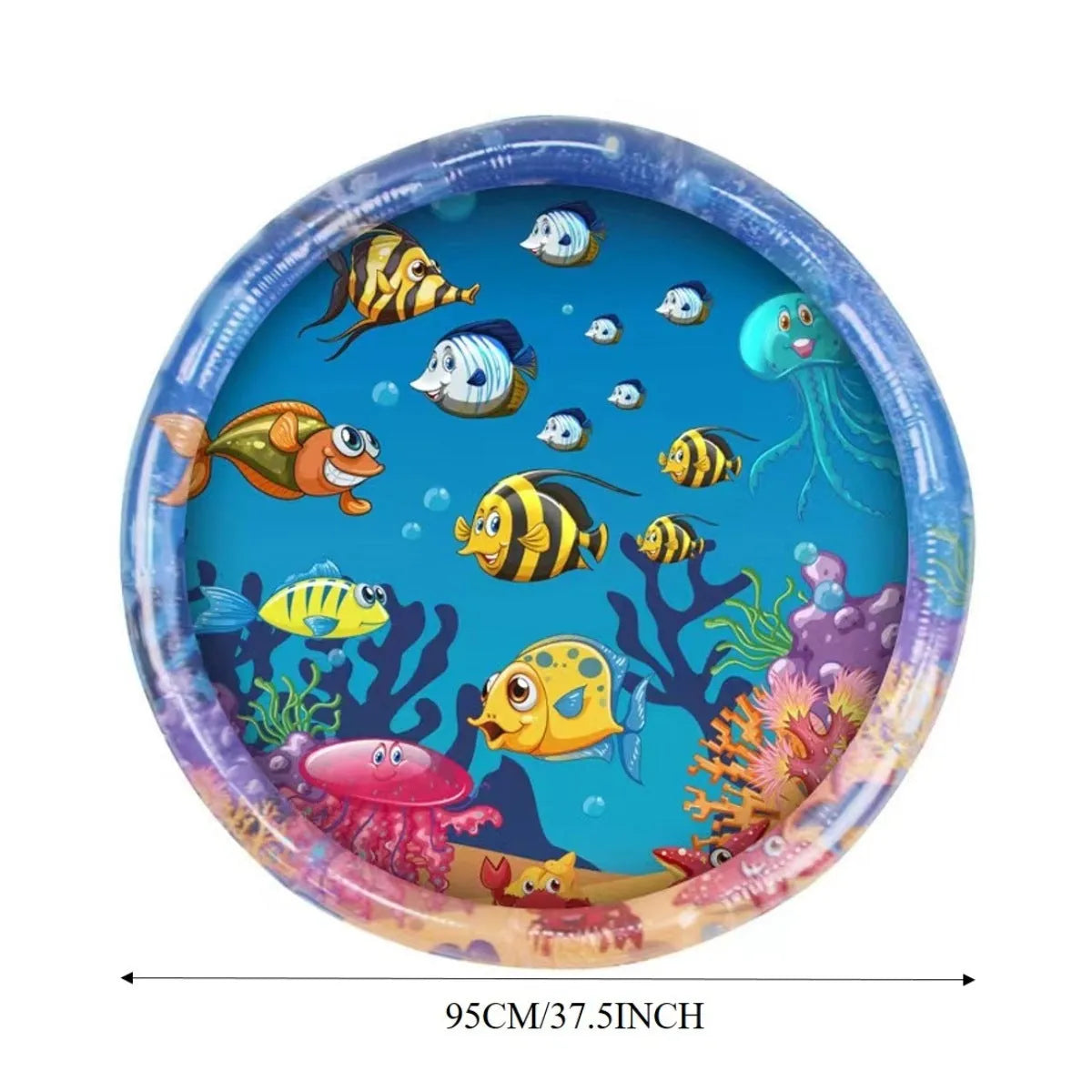 Thickened PVC cat water sensory play mat with floating fish toys, measuring 100cm square