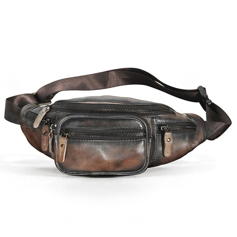 Retro brown leather messenger bag with a single shoulder strap shown open.
