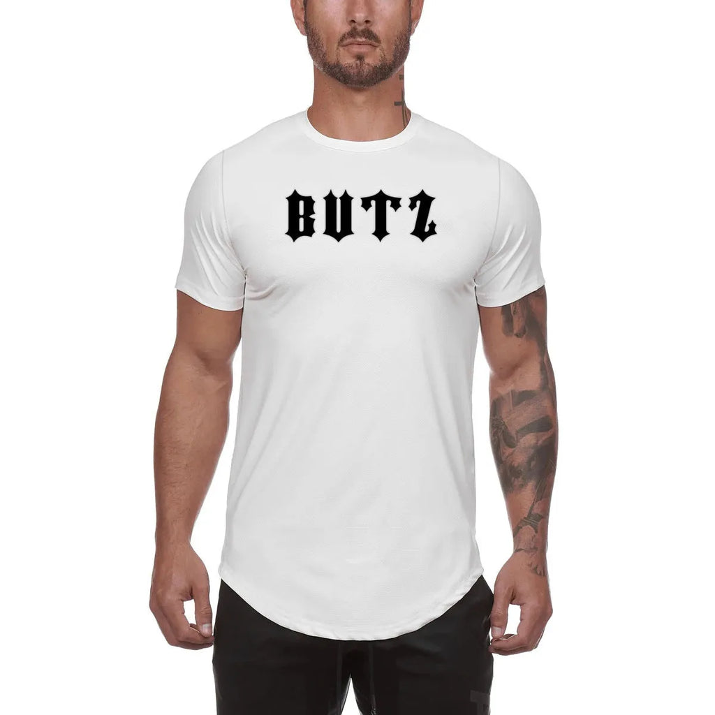 Men's plain custom gym shirt in cotton spandex blend, shown in Army Green, Black, and White colour options.