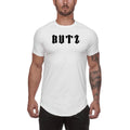 Men's plain custom gym shirt in cotton spandex blend, shown in Army Green, Black, and White colour options.