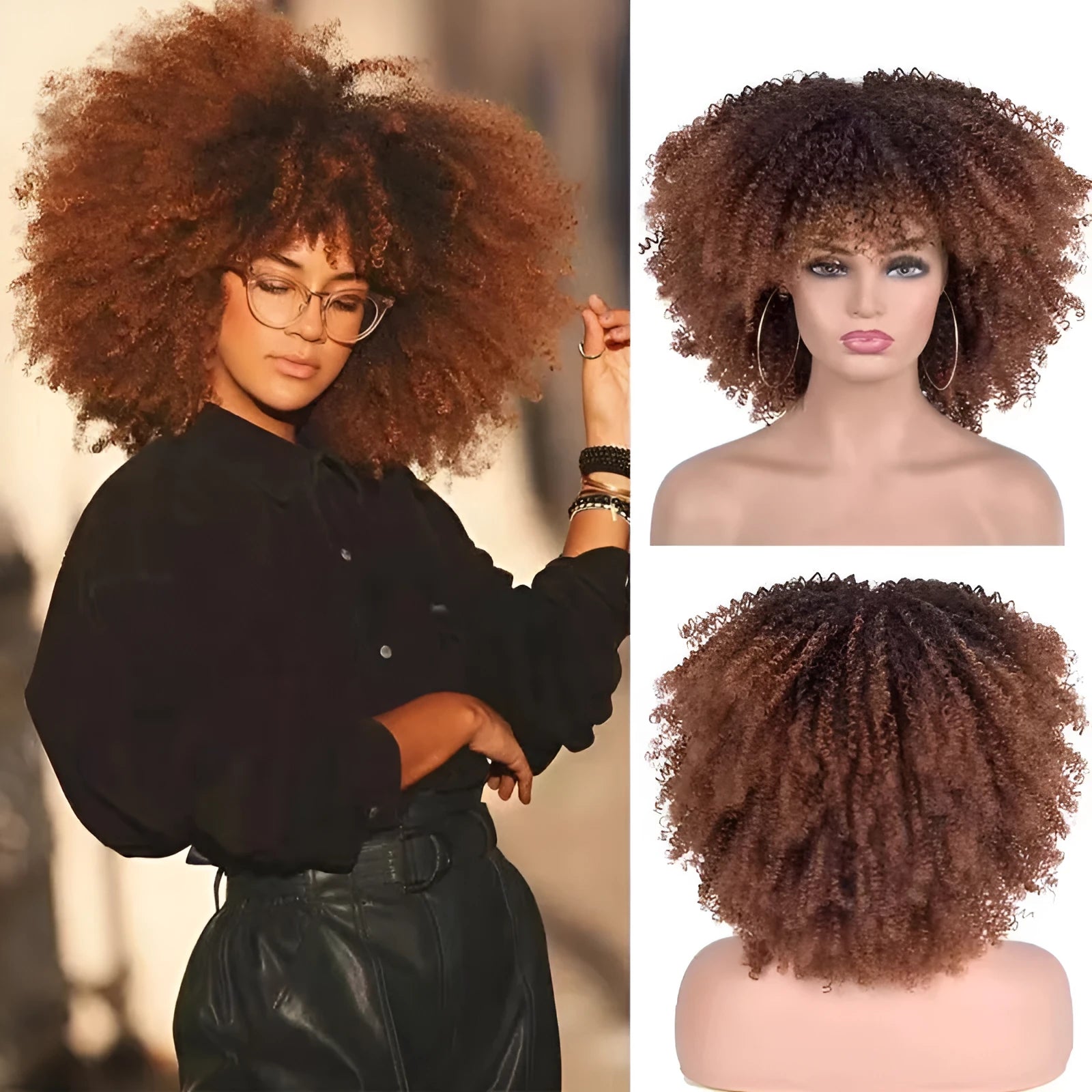 African small curly hair afro wig headgear in high temperature silk with bangs, colour 1B/30