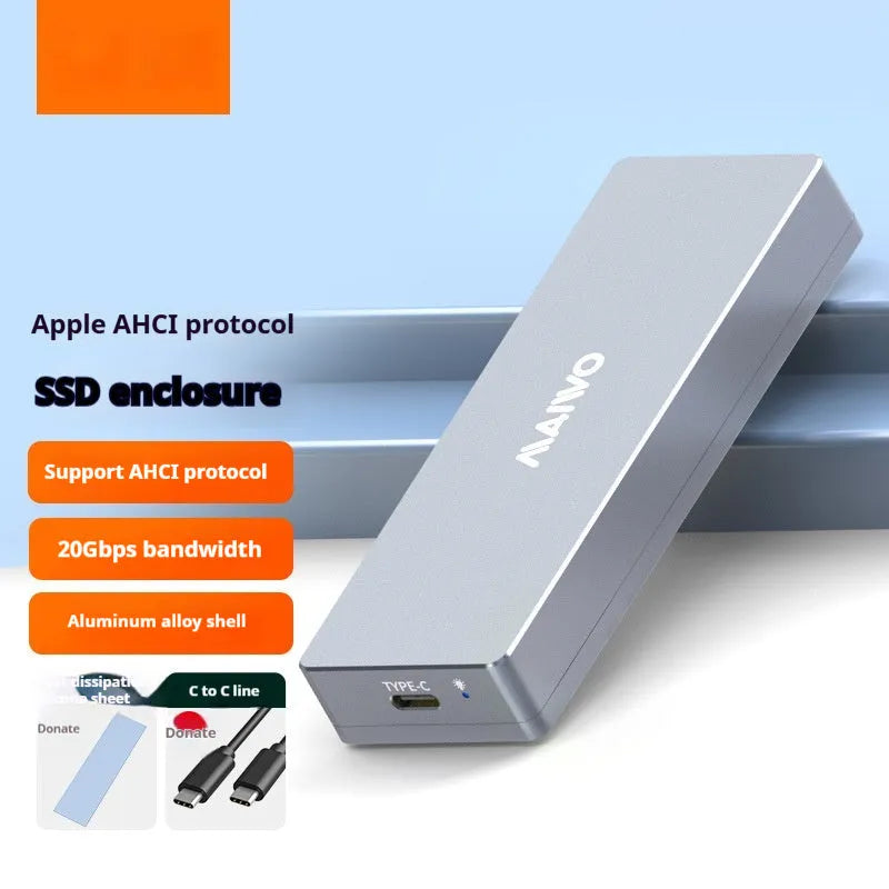 Type-C M.2 solid-state hard drive enclosure kit with aluminium case, screwdriver, screws, silicone pad, and cable.