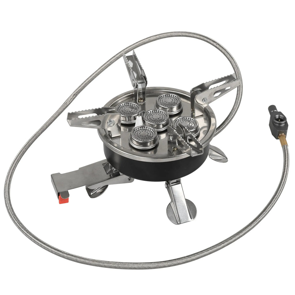 Silver portable split stove for outdoor camping, shown with a foldable design and hose.