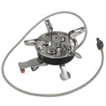 Silver portable split stove for outdoor camping, shown with a foldable design and hose.