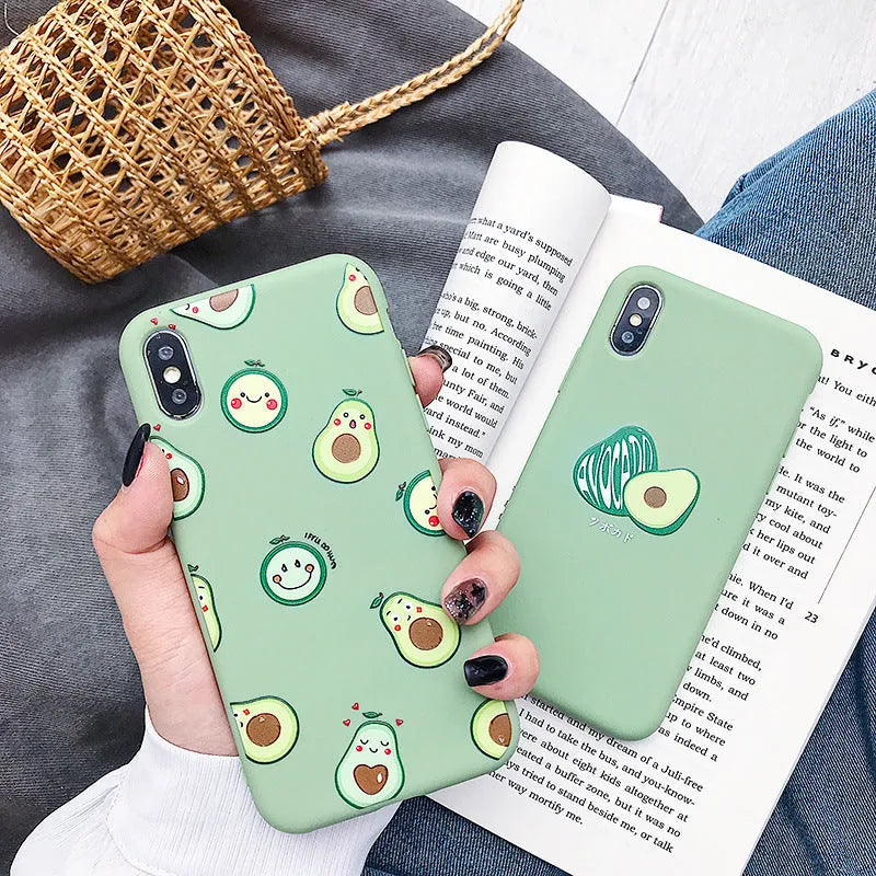 Cartoon avocado design TPU phone case for iPhone models showing back cover with fruit artwork