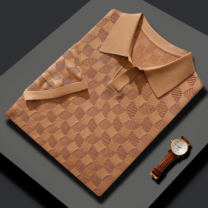 Men's short sleeve lapel sweater in mulberry silk jacquard knit for business casual office wear