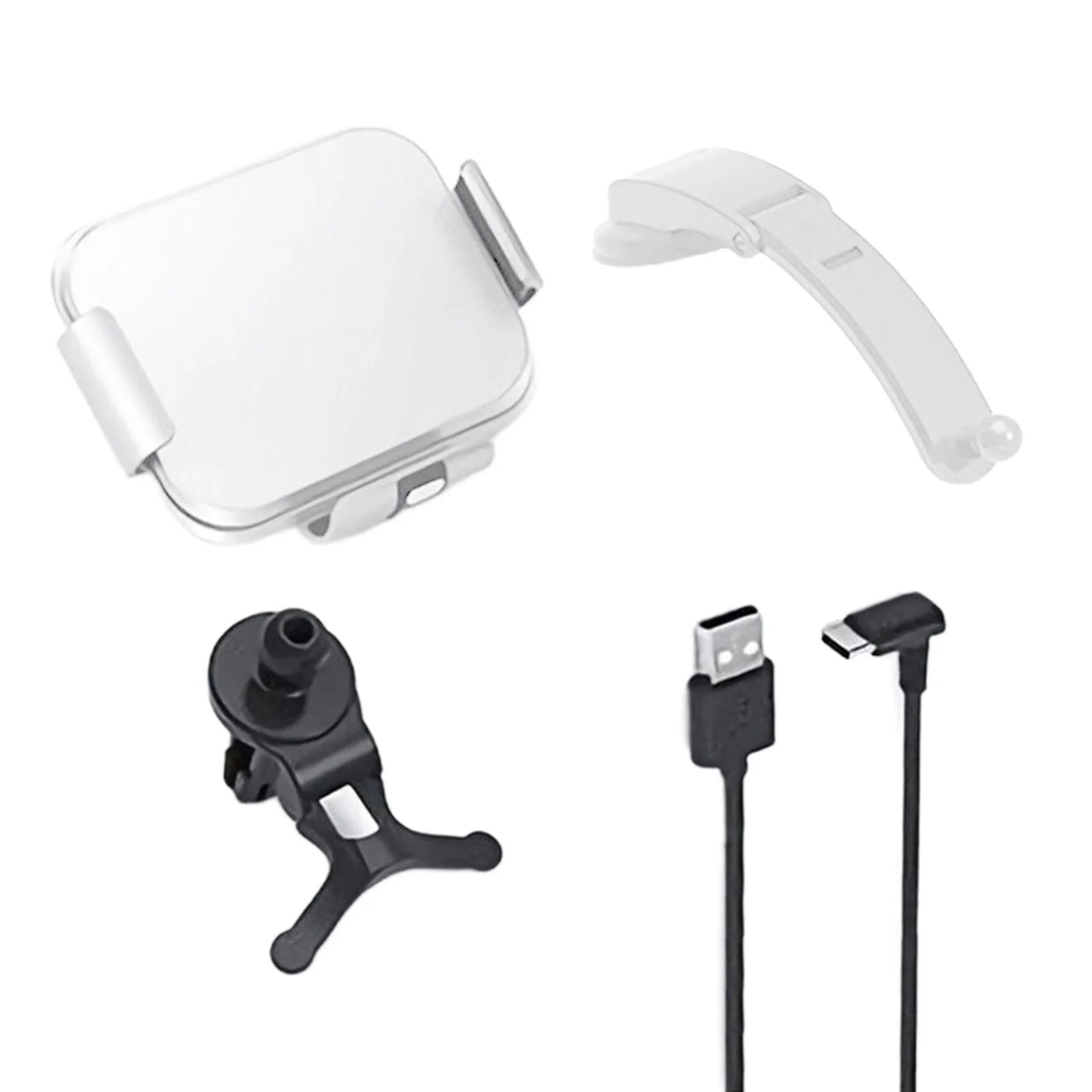 Grey car phone holder with folding screen showing wireless charging area and included mounting accessories