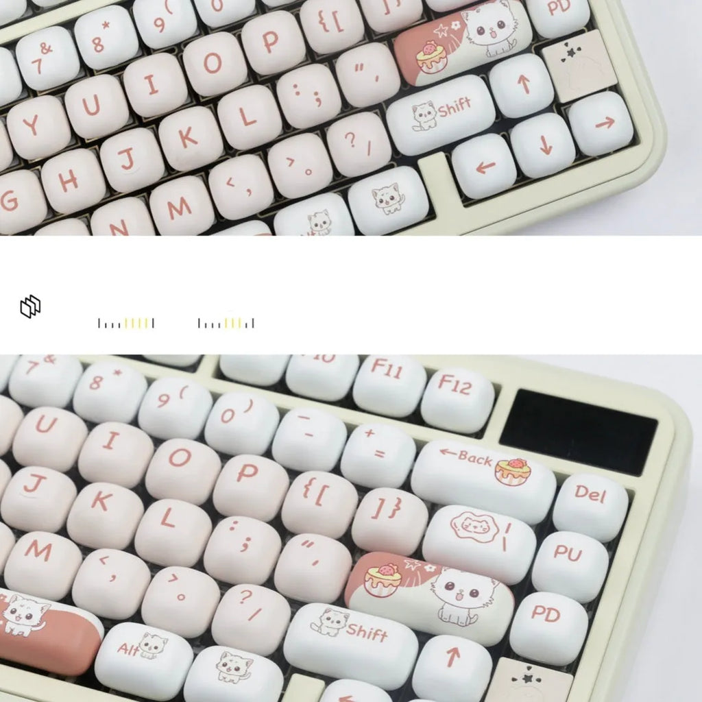 MOG round mechanical keyboard key caps with colourful sublimation print of cartoon cats and desserts.