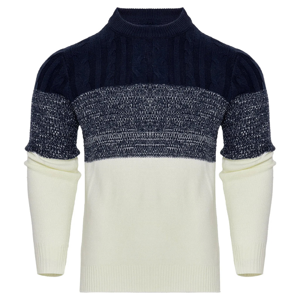 Man wearing a grey knitted crew neck pullover sweater with long sleeves.