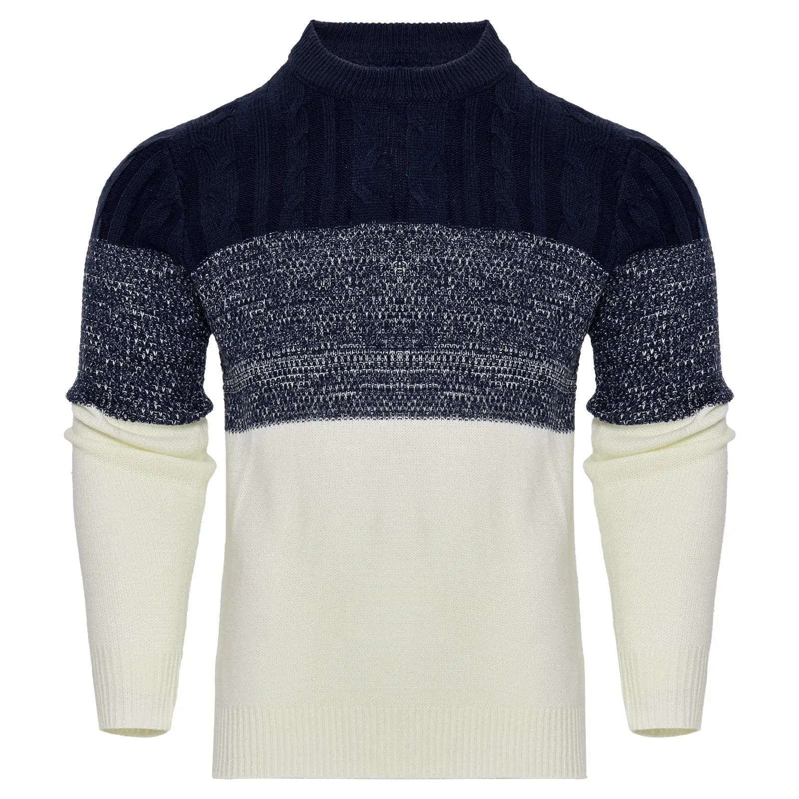 Man wearing a grey knitted crew neck pullover sweater with long sleeves.