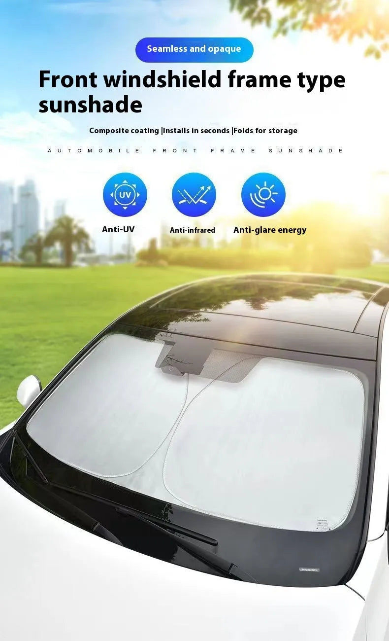 Titanium silver aluminium foil car sunshade unfolded, showing reflective surface.