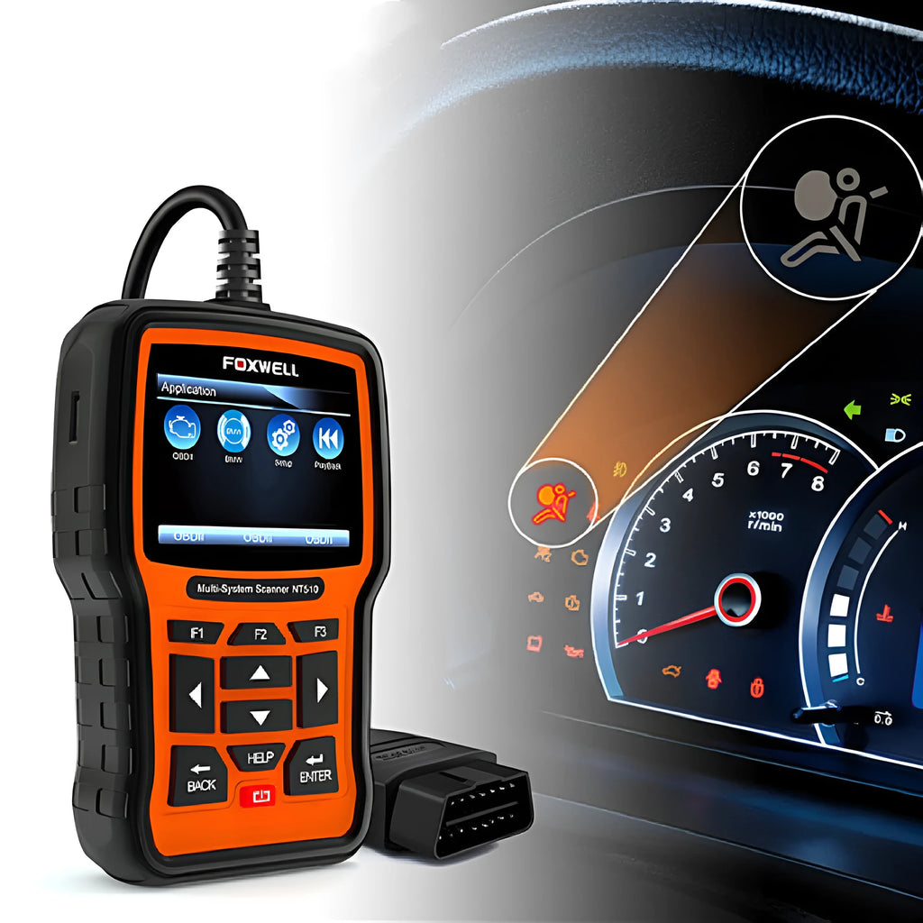 Foxwell NT510 orange and black automotive diagnostic scanner with OBD2 data cable.