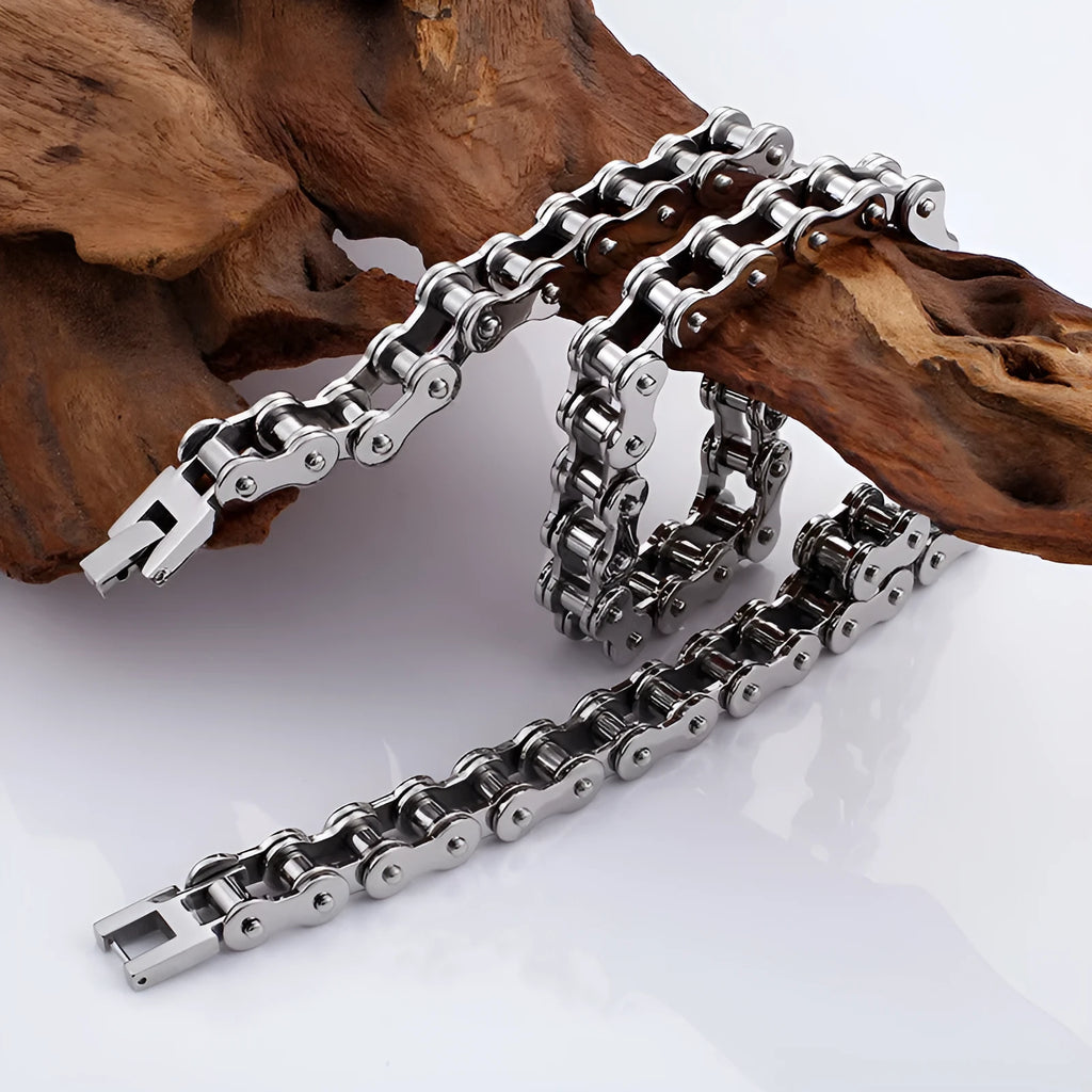 Titanium steel bike chain necklace for men polished geometric punk style 51-80cm adjustable gold and steel colour