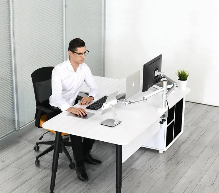 Silver folding aluminium phone and tablet stand with 360-degree rotation on desktop