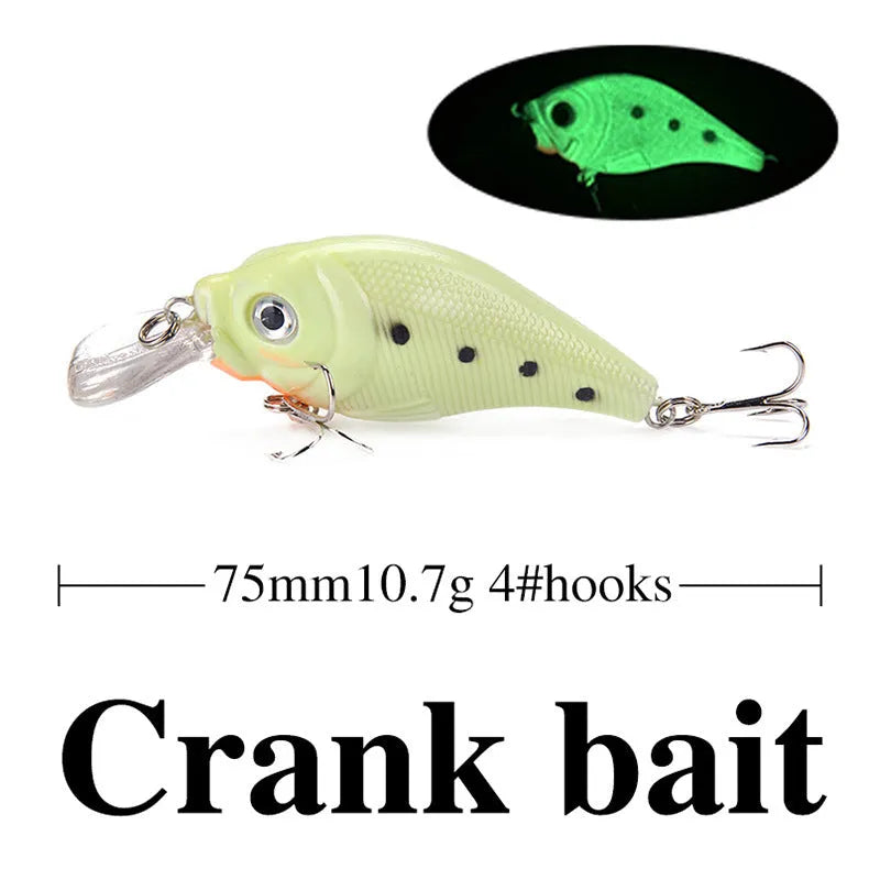 Set of five 3D fluorescent hard fishing baits with luminous coating for underwater use