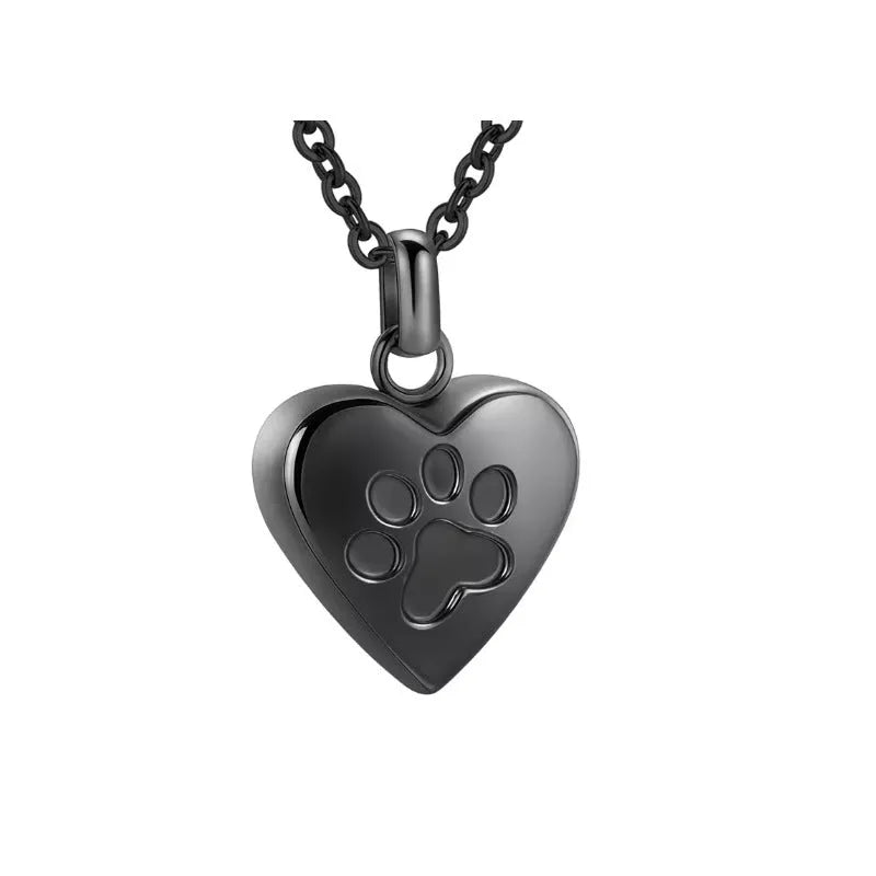 Titanium steel heart pendant necklace with opening casket mechanism and paw print detail