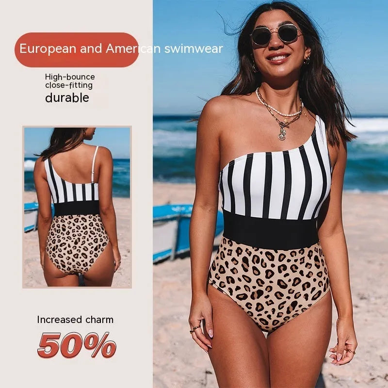 Leopard print women's high waist swimsuit with asymmetric collar, shown front view