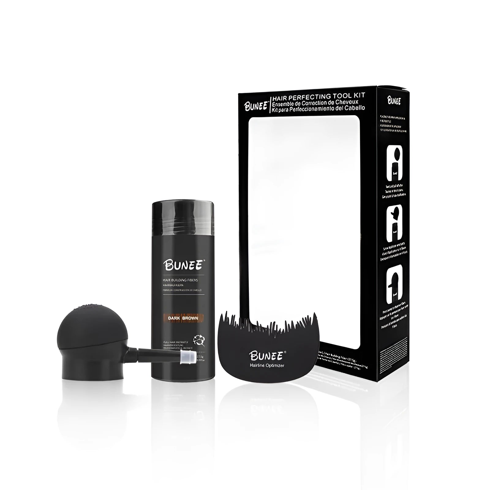 Dense Hair Fiber Powder Three-piece Set in box with applicator brush and comb