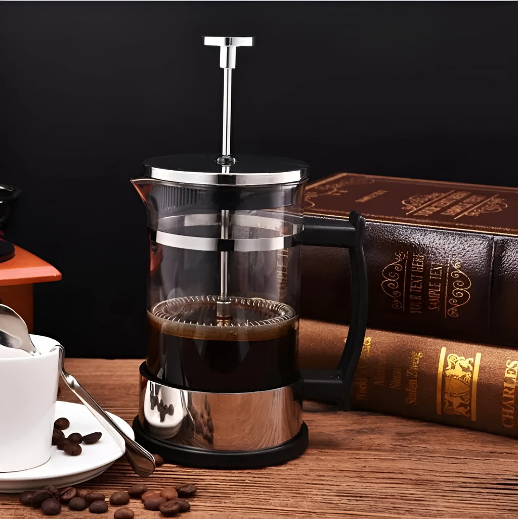 350ml manual coffee maker with glass and stainless steel construction, compact 10x8x17cm dimensions