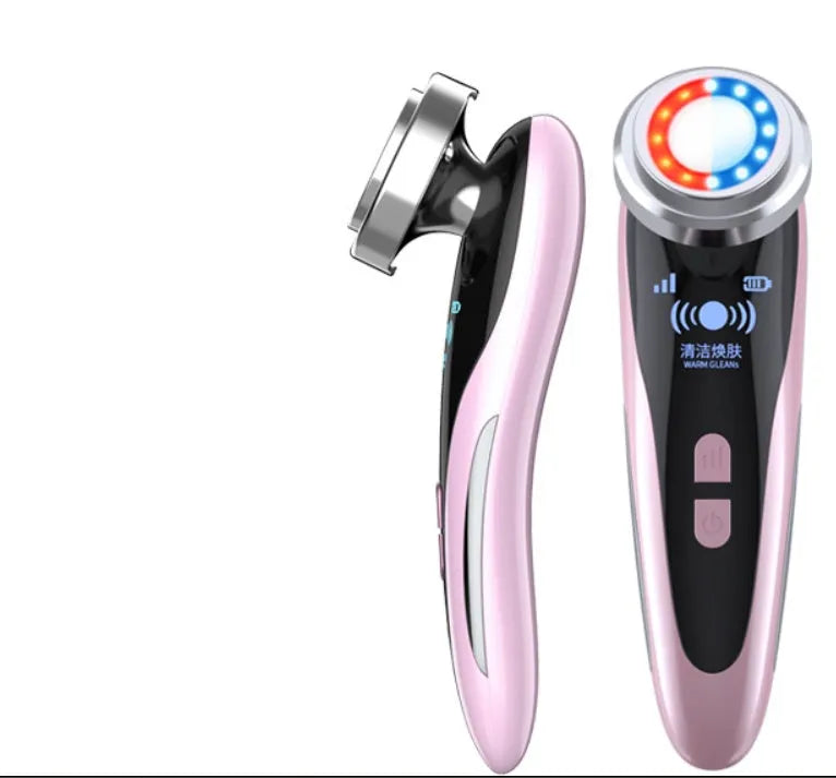 Beauty instrument cleanser in rose pink with three speed settings on white background
