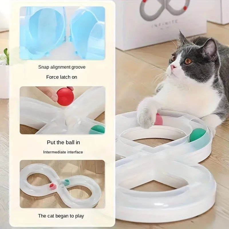 Blue and white cat turntable track toy with self-hi motion system and teasing wand