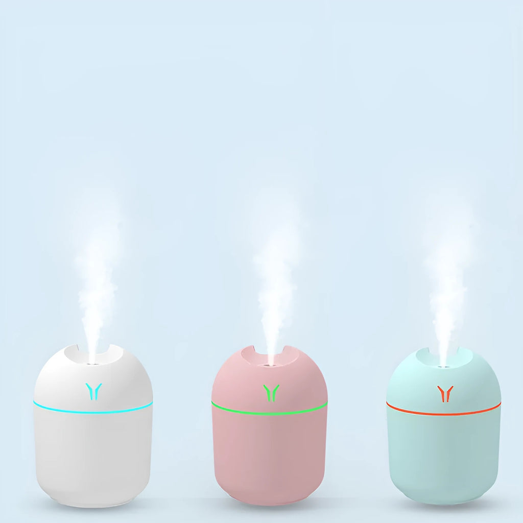 Round desktop humidifier in ivory white colour with USB cable and water tank showing 250ml capacity