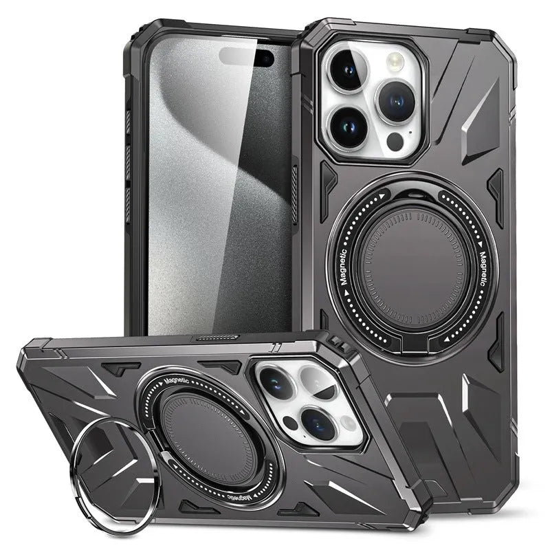 Simple bracket drop-resistant magnetic phone case for iPhone 13-16 series, TPU PC back cover with invisible bracket and magnetic suction, available in black
