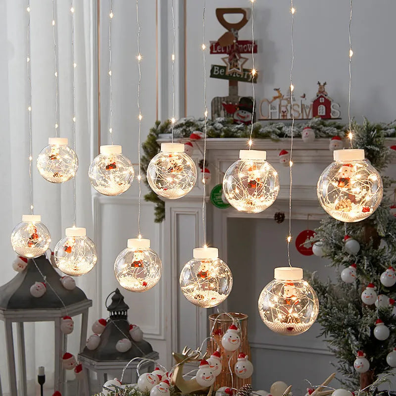 10-piece LED Christmas curtain light set with snowman and Christmas tree wishing ball designs for window decoration