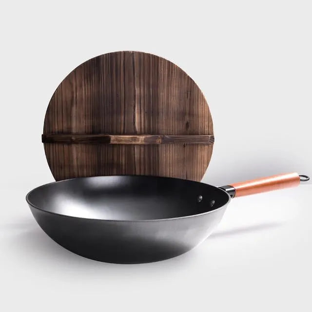40cm traditional black iron wok with wooden handle and glass lid option