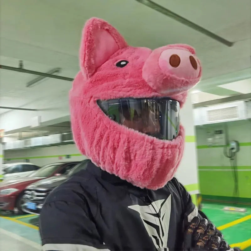 Pink pig cartoon plush motorcycle helmet protective hood made from pv velvet cloth