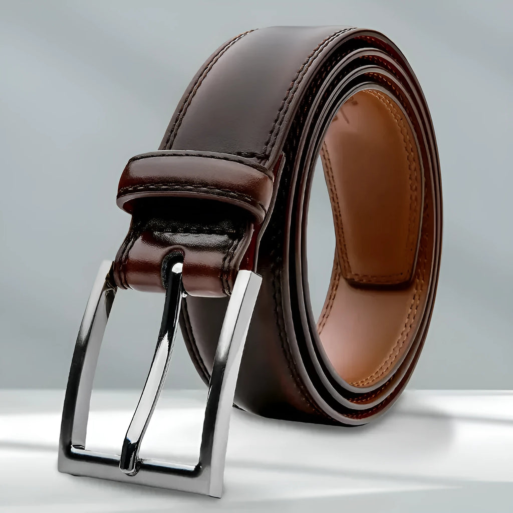 Men's genuine leather belt with alloy buckle in 95 grain pattern showing brown, black, and yellow brown colour options